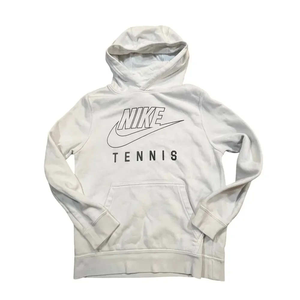 Nike Tennis Hoodie White Spellout‎ Swoosh Athletic Pullover Sweatshirt Boys  M